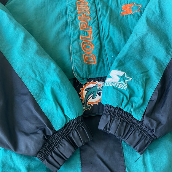 VTG Starter Jacket NFL MIAMI DOLPHINS Puffer Coat w Hood Mens Large Pullover - Picture 15 of 16